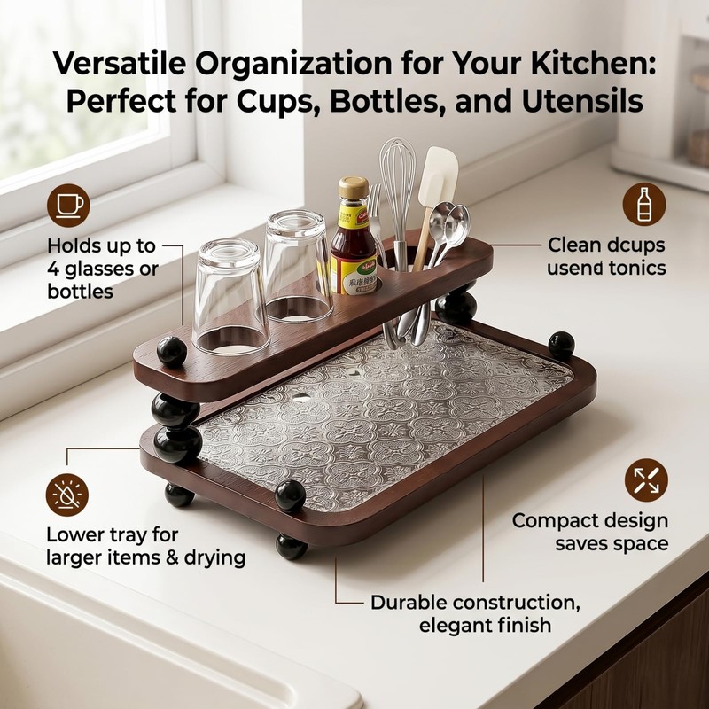 2 Pack 11.2 Inch Wood Riser Decorative Tray - Double
