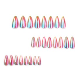CJDLTS Almond Press on Nails Medium Colorful Plating False Nails Glossy Reusable Full Cover Coffin Nails Acrylic Artificial Nails Almond Stick on Nails DIY Glue on Nails for Women Manicure Kit 24Pcs