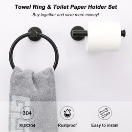 NearMoon 2 Pieces Bathroom Hardware Accessories, Towel Ring and Toilet Paper Holder- Stainless Steel Bathroom Towel Hanger and Hand Towel Holder, Wall Mounted (Matte Black)