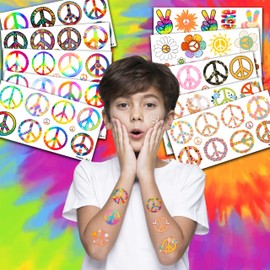 100 PCS Peace And Love Hippie Temporary Tattoos Themed Birthday Party Decorations Favors Supplies Décor Tie Dye Peace Sign Retro Groovy Tattoo Stickers Gifts For Game Boys Girls Classroom School
