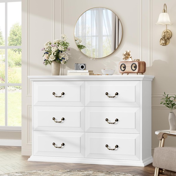 FACBOTALL Dresser for Bedroom, White Dresser with 6 Drawers, Rustic