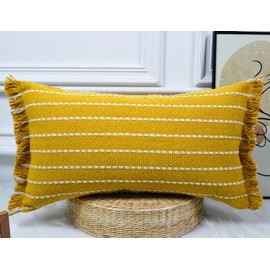 DRNOU Decorative Farmhouse Fringed Long Lumbar Throw Pillow Cover 12 x 26,Clasic Striped Textured Cotton Boho Decor Long Lumbar Pillow Cover Pillow Case for Sofa Couch Bed,Yellow and White