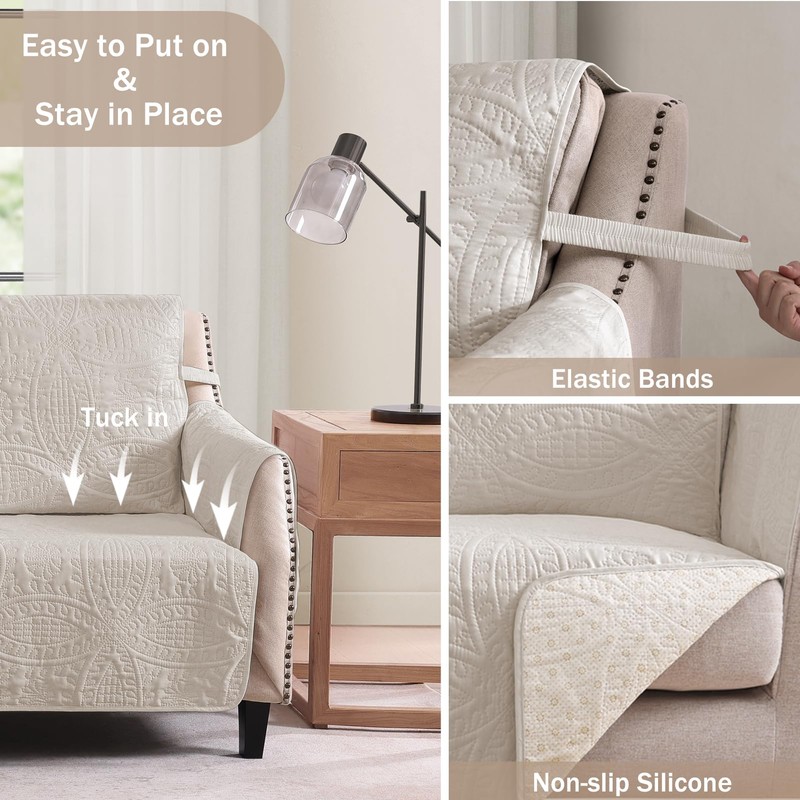 Pamhaven Soft Quilted Couch Cover with Pockets for Extra-Large Sofa,