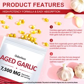 Aged Garlic Extract 7500mg Equivalent, 15:1 High Potency Odorless Garlic Softgels, Supports Heart Health, Circulation & Immune Function - Non-GMO, Gluten-Free - 300 Softgels