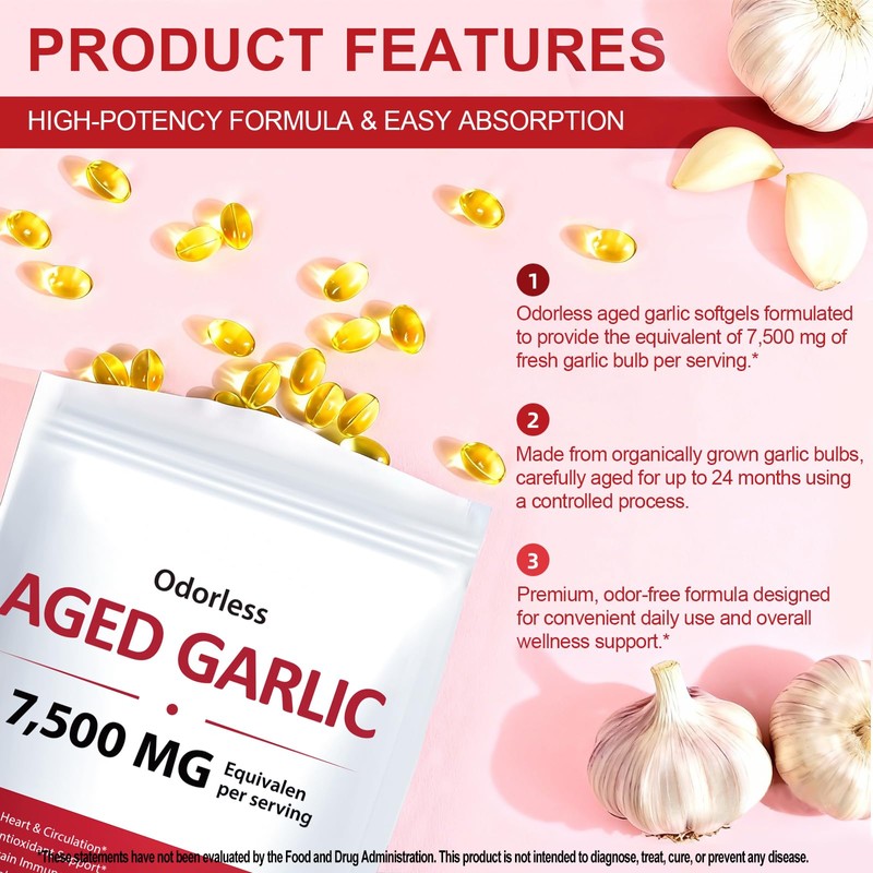 Aged Garlic Extract 7500mg Equivalent, 15:1 High Potency Odorless Garlic