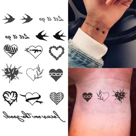 Oottati Small Cute Temporary Tattoo Sticker Set of 2 - Swallow Heart Gun Chain Let It Go Designs for Hand Neck Face Wrist Finger, Waterproof Fake Body Art, Simple & Modern Unisex Skin Decals
