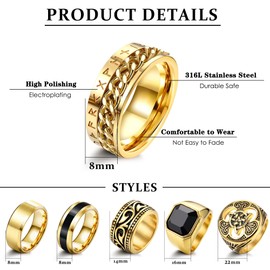 Adramata Men's Stainless Steel Rings Celtic Knot Rings Band Biker Rings Gothic Men's Rings Vintage Viking Rings Signet Rings Silver Gold Rings Set for Men, Stainless Steel