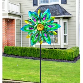 VEWOSTAR 53 Inch Wind Spinner - Outdoor Metal Peacock Wind Sculptures for Garden, Patio, Yard, Lawn Decorations Double Windmill Spinner