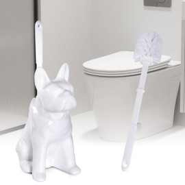 Toilet Brush Holder Set for Bathroom Cute Dog Base Solidly Toilet Bowl Brush Holder and Decorative Bathroom Ceramic Cleaning Kit with Brush and Holder (White)