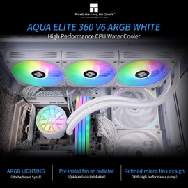 Thermalright Aqua Elite 360 V6 ARGB White AIO CPU Cooler, ARGB PWM Cooler Fans with 2000RPM, for Intel Lga1150/1151/1155/1156/1200/2011/1700/1851, AMD: AM4/AM5, Case 360mm AIO Radiator