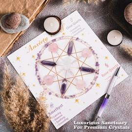 Raicegs Crystal Grid for Anxiety Relief Healing Crystals and Stones Set Amethyst Rose Quartz Clear Quartz Reiki Crystal Gifts for Women