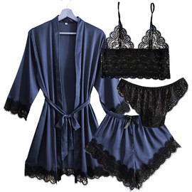 TAGNEFLOR 4 Piezas Pijamas de Satén Mujer,Juego de Pijama clásico,Ropa de Dormir Sexy con Bata Pijamas de Satén Mujer (as1, Alpha, l, Regular, Regular, Azul Oscuro)