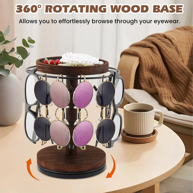 Kazheon 360° Rotating Sunglasses Organizer with Wood Tray and Base,Glasses