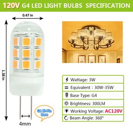 SZHZS G4 LED Bulb 120V Bi-Pin Base, 3W Soft Warm White 3000K, Replaces 30W-35W Halogen for Under Cabinet, Ceiling, Wall, and Puck Lights