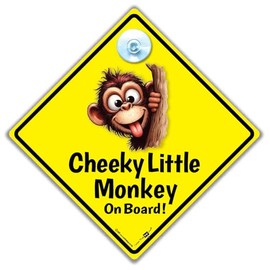 Cheeky Little Monkey Baby on Board Car Sign, 14 x 14 cm, Yellow Suction Cup Sign for Child in Car