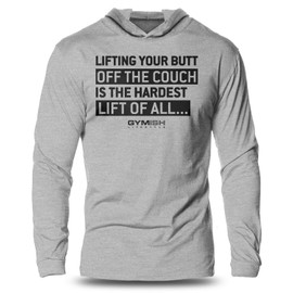Gymish Lifestyle Hardest Lift Inspirational Gym Hooded Shirt Workout Long Sleeves Active T-shirt (XL, Hardest Lift Grey)