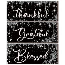 Wenqik 3 Pcs Glitter Diamond Thankful Grateful Blessed Wall Decor Wooden Bathroom Wall Decor Black Silver Shiny Drips Wooden Hanging Wall Signs for Home Living Room Bathroom Laundry Office Decorations