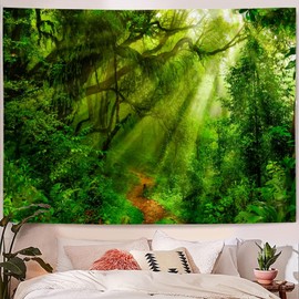 Skcess Wandteppich Wald Tapestry Grün Wandteppich Wald Groß Wandteppich Baum Sonnenaufgang Landschaft Wandtücher Tapisserie Jungle Wandbehang 260X240Cm