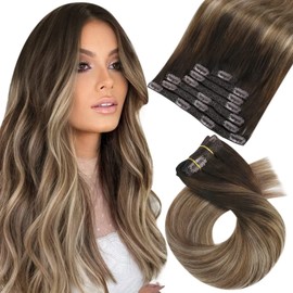 Moresoo Clip in Hair Extensions Human Hair Balayage Dark Brown to Golden Brown Highlight Golden Blonde Hair Extensions Clip in Ombre Human Hair Clip in Extensions Double Weft 14 Inch 5 Pieces 70g