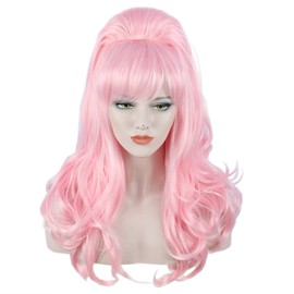 Linfairy Long Wavy Pink Wig Big Bouffant Beehive Wigs for Women fits 50s 80s Costume