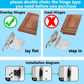 16 Pack Overlay Cabinet Hinges,1/2"Overlay Cabinet Hinge Satin Brushed Nickel Self-Closing Kitchen Cabinet Door Hinges,Semi-Concealed Cupboard Hinges with Screwrs(8 Pairs)(1.5mm Thickness）