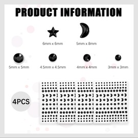 Pack of 4 Moon Face Gemstones Glitter Stones Stickers, Face Art Stickers, Face Gemstones, Temporary Tattoo Stones, Face Face Body for Party, Make-Up, Festival (Black)