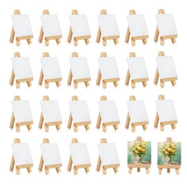 Mini Canvases Panels for Painting with Mini Easel, 24 Pack 4x4In Small Canvas Boards and 6" Mini Wooden Easel for Painting, Acrylic Pouring Oil Water Art Media