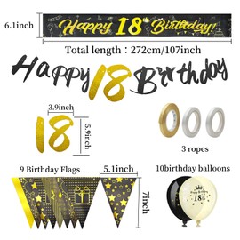 Feelorna 40th Happy Birthday Banner, Black Gold Birthday Decoration Set with Black Balloons Confetti Balloons Triangular Flags Garlands for Birthday Decoration Party Supplies (Black Gold, 40)