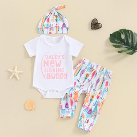 Chloefairy Newborn Baby Boy Summer Clothes Fishing Outfit Daddy's New Fishing Buddy Romper Bodysuit Fish Pants Set Hat 3Pcs (Pink, 0-3 Months)