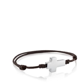 TOUS Pulsera de Cordón Marrón para Hombre con Motivo de Cruz en Acero Inoxidable, 2.1x 1.4 cm, Clásico y Atemporal, Colección Tous Man