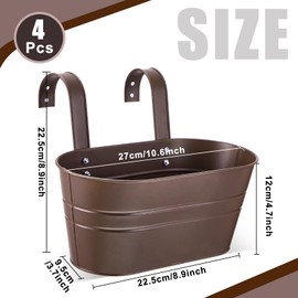 Hicarer 4 Pcs Metal Hanging Flower Pots, 10.6 Inch Fence Hanging Planters for Outdoor Window Balcony Plants Holder with Hooks for Garden Yard Home Decor (Chocolate)