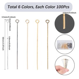 SOFPLATE 1 Box 600Pcs 2 Inch 50mm 6 Colors Eye Pins Beading Pin Mixed Color Straight Flat Wire Brass Metal End Headpins Eyepins for Jewellery Making Earring Bracelet Necklace DIY Crafts Supplies Women