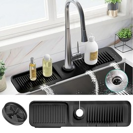 24 Inch Silicon Faucet Mat for Kitchen Sink - Silicon Sink Splash Guard Behind Faucet with FREE Rubber Drain Insert, Faucet Guard Draining Mat & Sink Water Splash Guard (Black)