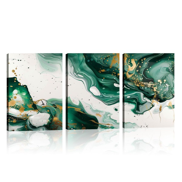 Green Abstract Canvas Wall Art 3 Piece White and Gold