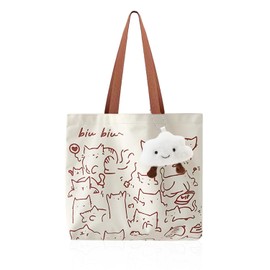 GVSAVY 1 canvas tote bag with 1 plush cloud pendant, large capacity shoulder bag, cute tote bag, cat pattern shopping bag, foldable leisure bag, suitable for travel, picnic, shopping
