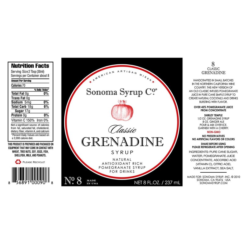 Sonoma Syrup Co Grenadine Syrup 8 Fl Oz for Shirley