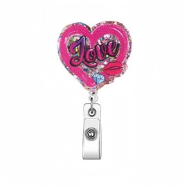 Valentine Day Badge Reel Pink Love Retractable Name Tag Alligator Clip Valentine Badge Holder Acrylic Glitter Lip Print Nursing Badge Reels for Nurse Student Couple Women Doctor