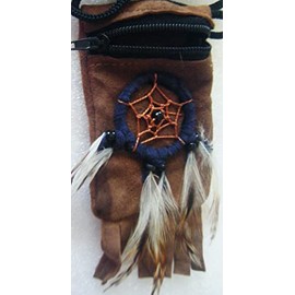 ONE Brown Faux Suede Secure Zipper Pouch with Dream Catcher Feathers 20" Strand Bag with Polished Rocks+ Arrowhead