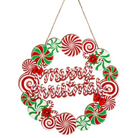 Huwena Merry Christmas Wreath Sign for Front Door Christmas Decoration Wooden Door Hanger for Front Door Rustic Wreath Indoor Wall Hanging Decoration for Xmas Garden Yard Outdoor (Candy)