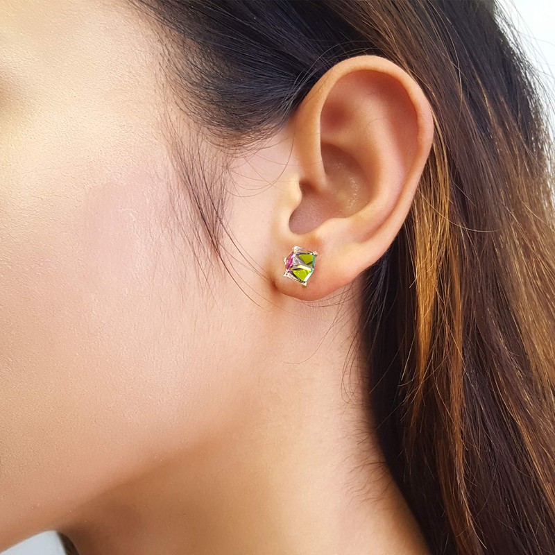 14K Yellow Gold Multi Color Crystal Cube Stud Earrings Screwback