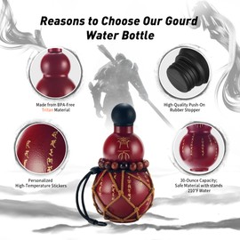 Kearnybo Gourd Water Bottle Tritan BPA-Free 210°F Heat Resistant - Leak-Proof Push-On Rubber Stopper, Stylish Gradient Colors with 2 Versatile Straps for Hanging - Durable (Red Crack)