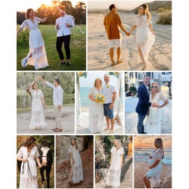 LRISES Womens V Neck White Floral Embroidered Lace Wedding Maxi Dress Boho Short Sleeve Slit Bridesmaid Evening Party Dresses