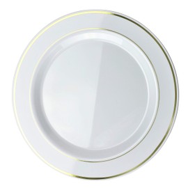 " OCCASIONS" 40 Plates Pack, Heavyweight Disposable Wedding Party Plastic Plates (10.5'' Dinner Plate, White & Gold Rim)