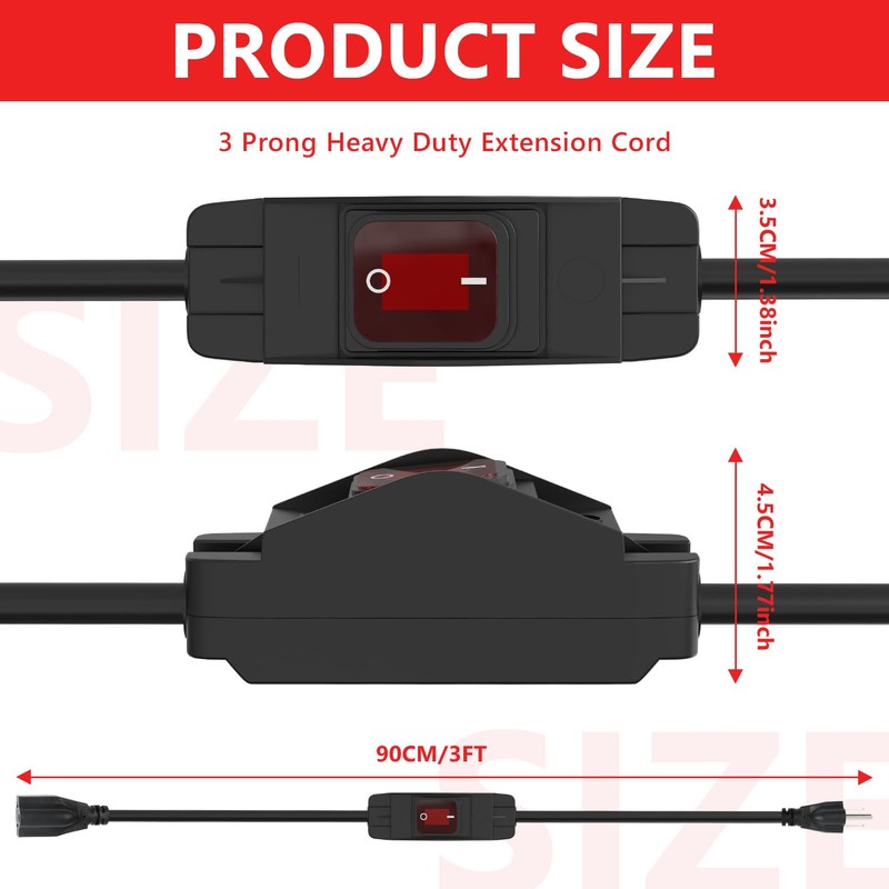 Newdeli 3FT Waterproof Extension Cord with On/Off Switch 3 Prong