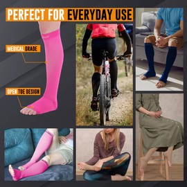 Doc Miller, Open Toe Compression Socks, 8-15 mmHg, Toeless, Support Circulation, Shin Splints, Calf Recovery, Varicose Veins, Knee High, Medical Grade, Pink Socks, Large Size for Men & Women, Pair