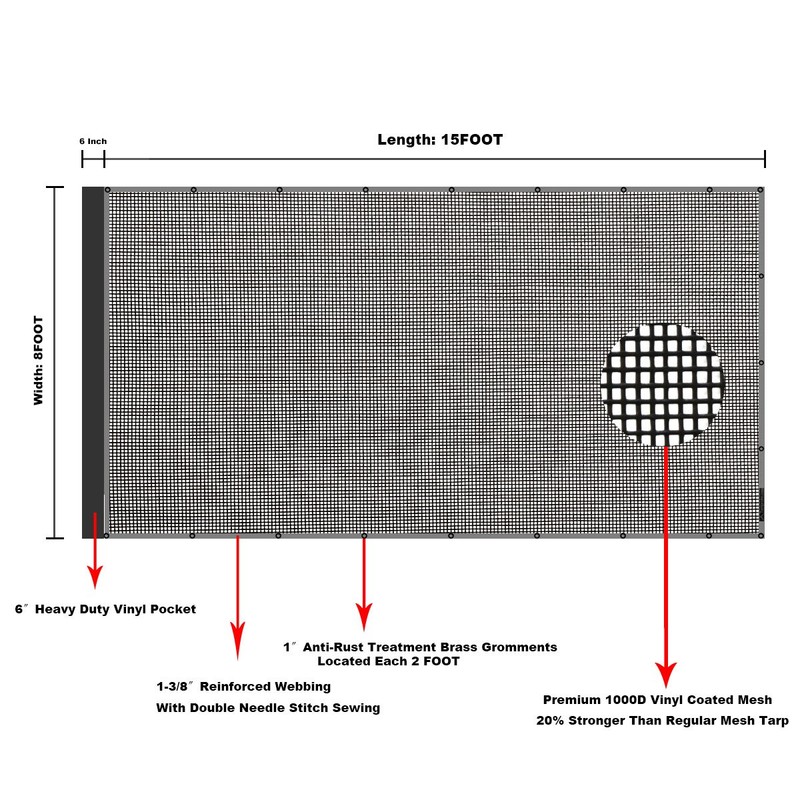 Leaveshade Dump Truck Mesh Tarp 8'X15' -(Black) Heavy Duty Cover