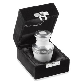 Reminded Small Cremation Memorial Urn for Human Ashes, White and Silver Miniature Keepsake Urn with Velvet Case
