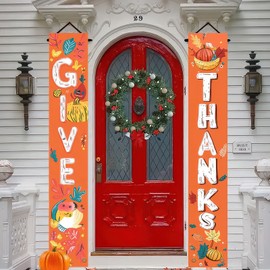 HOMETITUTE 2pcs Give Thanks Welcome Porch Banner Sign Set 12x71 Inch Autumn Banner Thanksgiving Decorations Pumpkin Fall Door Banners for Thanksgiving Autumn Home Porch Outdoor Decor Supplies