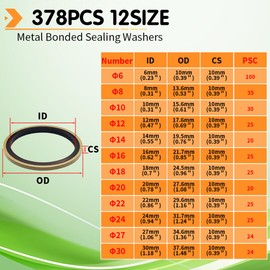 Langina 378pcs 12 Sizes Bonded Sealing Washer Kits, NBR Metal Bonded Sealing Assortment Kit, Self-Centred Automotive Sealing Washer(M6 M8 M10 M12 M14 M16 M18 M20 M22 M24 M27 M30)