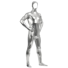 Aniler Unisex Shiny Metallic Open Face Zipper Stretchy Zentai Bodysuit (Medium, Silver)